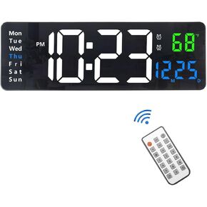 Plumeet Digital Wall Clock, 16’’ Large LED Wall Clock with Remote Control, Big Digits, Auto-Dimming, 2 Alarm, Silent Wall Clock Show Date Week Temp (Include Adapter), Blue