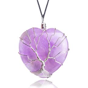 Natural Healing Crystal Necklace - Real Amethyst Crystals Necklaces Wire Wrapped Tree of Life Heart Love Shaped Crystal Pendant Necklace for Women