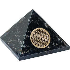 FASHIONZAADI Black Tourmaline Flower of Life Crystal Pyramid | Positive E-| Handmade Natural Stone Figurine | Reiki Spiritual Room Decor | Office Desk Accessory | Feng Shui