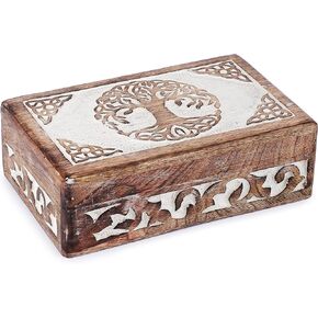 Ajuny Wooden Hand Carved Decorative Box with Celtic Tree Of Life Carvings White - Multipurpose Use As Jewelry Storage, Trinket Holder or Watch Box, Great For Gifts