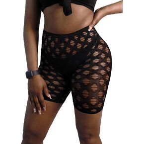 Womens Sexy Shorts Black Ripped Fishnet Biker Shorts Festival Dance Party Mesh Shorts Summer Shorts