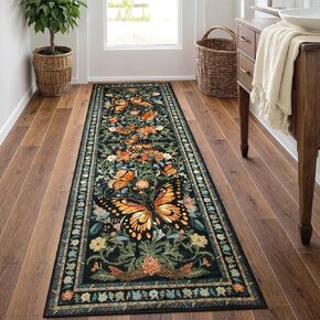 Morebes Washable Runner Rug 2x10, Non Slip Runner Rugs for Hallway, Super Soft Butterfly Floral Print Boho Indoor Throw Carpet for Kitchen Entryway Laundry Living Room, Pink/Multi