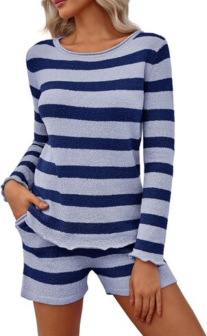 BZB Womens Striped Sweater Lounge Set lounge Knit Pajamas Long Sleeve Casual Outfits 2 Piece with Pockets in Saudi Arabia