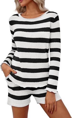 BZB Womens Striped Sweater Lounge Set lounge Knit Pajamas Long Sleeve Casual Outfits 2 Piece with Pockets in Saudi Arabia