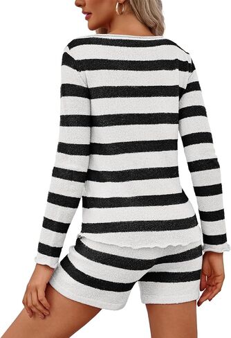 BZB Womens Striped Sweater Lounge Set lounge Knit Pajamas Long Sleeve Casual Outfits 2 Piece with Pockets in Saudi Arabia