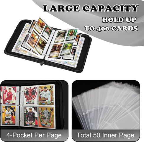 Card Binder for Pokemon Card, 4 Pocket 50 Double-Sided Pages for 400 Card Pocket Premium Zip PU Card Binder for Pokemon, Collectible For TCG,MTG,Baseball,Football Trading Card Game(Black) in Saudi Arabia