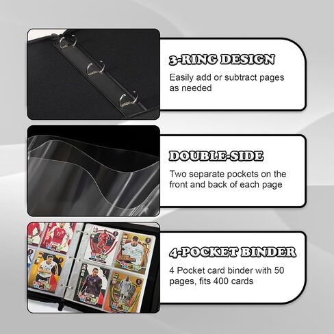 Card Binder for Pokemon Card, 4 Pocket 50 Double-Sided Pages for 400 Card Pocket Premium Zip PU Card Binder for Pokemon, Collectible For TCG,MTG,Baseball,Football Trading Card Game(Black) in Saudi Arabia