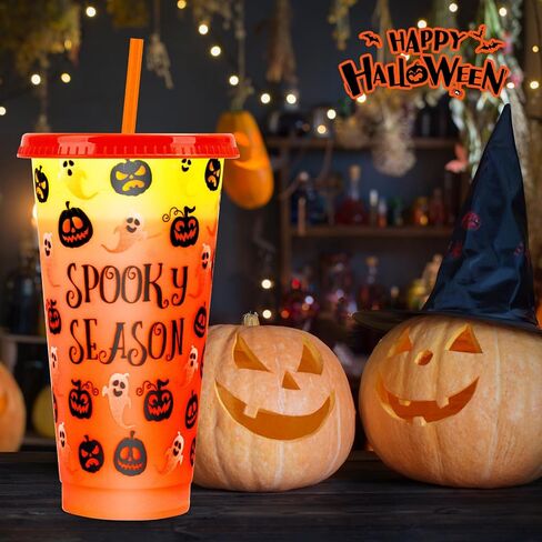 Halloween Decorations Color Changing Reusable Cups with Lids and Straws - 12 Pack 24 oz Plastic Tumblers Bulk with Lids and Straws - Reusable for Party Cups in Saudi Arabia
