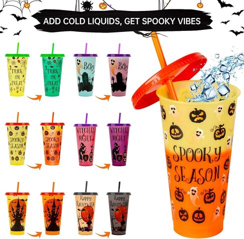 Halloween Decorations Color Changing Reusable Cups with Lids and Straws - 12 Pack 24 oz Plastic Tumblers Bulk with Lids and Straws - Reusable for Party Cups in Saudi Arabia