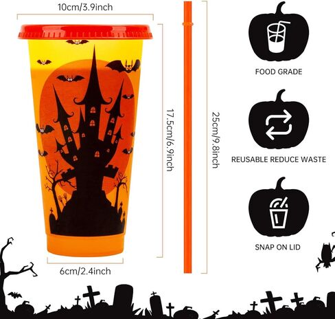 Halloween Decorations Color Changing Reusable Cups with Lids and Straws - 12 Pack 24 oz Plastic Tumblers Bulk with Lids and Straws - Reusable for Party Cups in Saudi Arabia