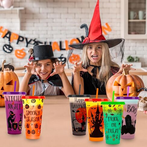 Halloween Decorations Color Changing Reusable Cups with Lids and Straws - 12 Pack 24 oz Plastic Tumblers Bulk with Lids and Straws - Reusable for Party Cups in Saudi Arabia