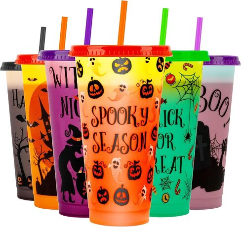 Halloween Decorations Color Changing Reusable Cups with Lids and Straws - 12 Pack 24 oz Plastic Tumblers Bulk with Lids and Straws - Reusable for Party Cups in Saudi Arabia