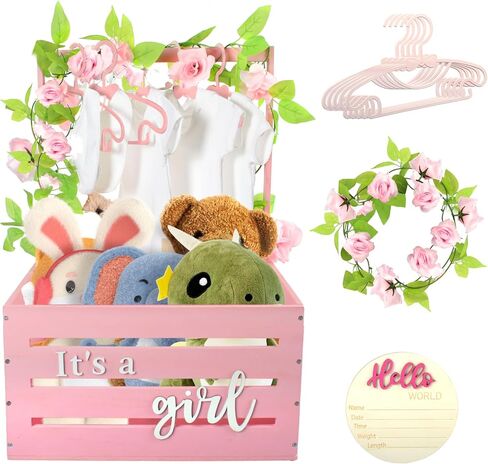 Wooden Baby Shower Crate Closet,Boho Rainbow Baby Basket with Handle,Baby Storage Crate Hamper,Baby Shower Gifts,Wooden Gift Crate,New Born Baby Gifts Basket for Girls Boys,Pregnancy New Parents in Saudi Arabia