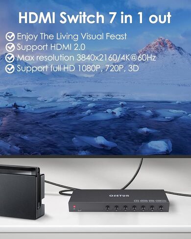 7-Port 4K@60Hz HDMI Switch Box Upgrade, 7 in 1 HDMI 2.0 Switcher Selector Support HDR & HDCP 2.2 & Full 3D with IR Remote Control for Nintendo Switch,Xbox PS5/PS4,Fire Stick,Roku,Apple TV in Saudi Arabia