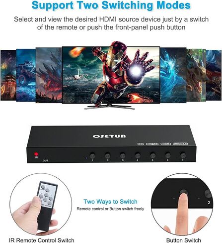 7-Port 4K@60Hz HDMI Switch Box Upgrade, 7 in 1 HDMI 2.0 Switcher Selector Support HDR & HDCP 2.2 & Full 3D with IR Remote Control for Nintendo Switch,Xbox PS5/PS4,Fire Stick,Roku,Apple TV in Saudi Arabia