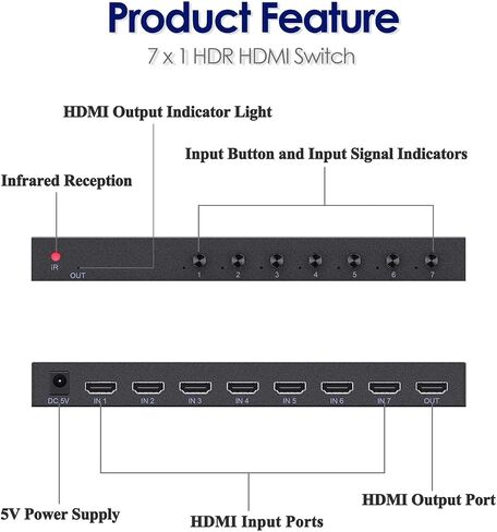 7-Port 4K@60Hz HDMI Switch Box Upgrade, 7 in 1 HDMI 2.0 Switcher Selector Support HDR & HDCP 2.2 & Full 3D with IR Remote Control for Nintendo Switch,Xbox PS5/PS4,Fire Stick,Roku,Apple TV in Saudi Arabia