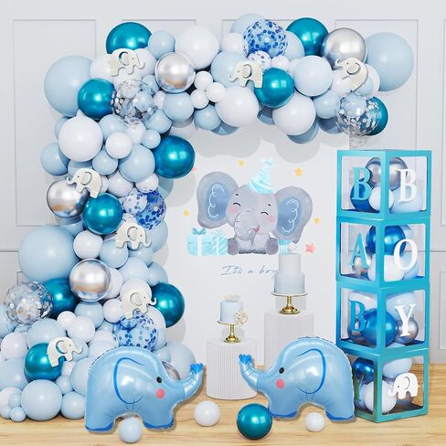 Amandir 134pcs Elephant Baby Shower Decorations for Boy Box, Foil Baby Boy White Blue Balloon Garland Elephant Stickers Baby Boxes with Letters (A-Z) for Boy 1st Birthday Gender Reveal Party Supplies in Saudi Arabia