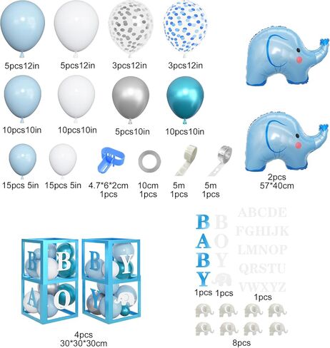 Amandir 134pcs Elephant Baby Shower Decorations for Boy Box, Foil Baby Boy White Blue Balloon Garland Elephant Stickers Baby Boxes with Letters (A-Z) for Boy 1st Birthday Gender Reveal Party Supplies in Saudi Arabia