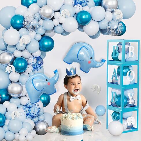 Amandir 134pcs Elephant Baby Shower Decorations for Boy Box, Foil Baby Boy White Blue Balloon Garland Elephant Stickers Baby Boxes with Letters (A-Z) for Boy 1st Birthday Gender Reveal Party Supplies in Saudi Arabia