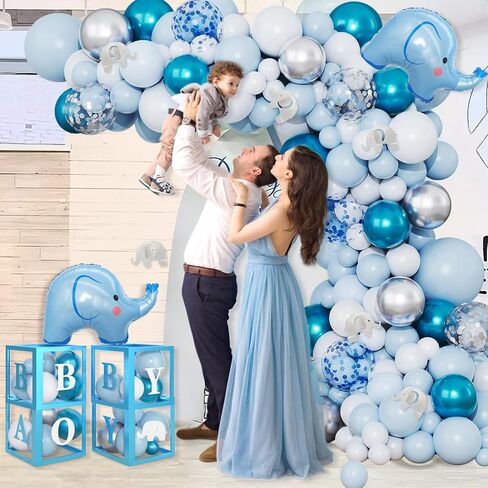 Amandir 134pcs Elephant Baby Shower Decorations for Boy Box, Foil Baby Boy White Blue Balloon Garland Elephant Stickers Baby Boxes with Letters (A-Z) for Boy 1st Birthday Gender Reveal Party Supplies in Saudi Arabia