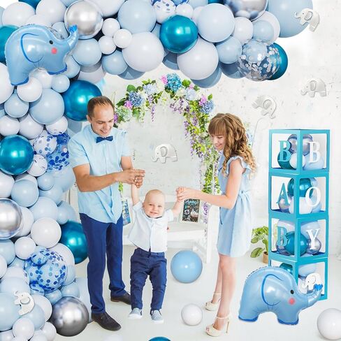 Amandir 134pcs Elephant Baby Shower Decorations for Boy Box, Foil Baby Boy White Blue Balloon Garland Elephant Stickers Baby Boxes with Letters (A-Z) for Boy 1st Birthday Gender Reveal Party Supplies in Saudi Arabia