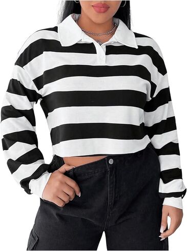 MakeMeChic Women's Plus Size Striped Colorblock Collared Crop Top Long Sleeve Drop Shoulder Sweatshirt in Saudi Arabia