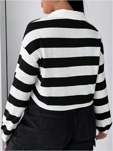 MakeMeChic Women's Plus Size Striped Colorblock Collared Crop Top Long Sleeve Drop Shoulder Sweatshirt in Saudi Arabia