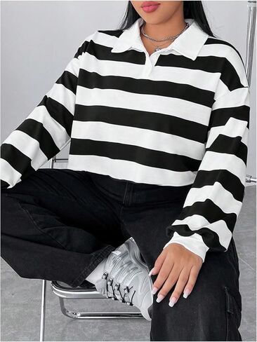 MakeMeChic Women's Plus Size Striped Colorblock Collared Crop Top Long Sleeve Drop Shoulder Sweatshirt in Saudi Arabia