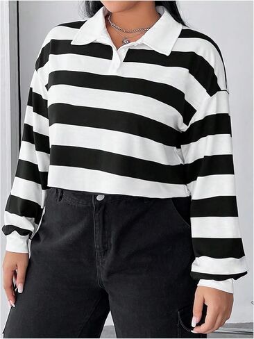 MakeMeChic Women's Plus Size Striped Colorblock Collared Crop Top Long Sleeve Drop Shoulder Sweatshirt in Saudi Arabia