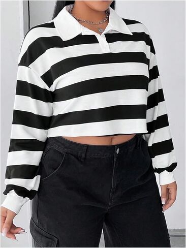 MakeMeChic Women's Plus Size Striped Colorblock Collared Crop Top Long Sleeve Drop Shoulder Sweatshirt in Saudi Arabia