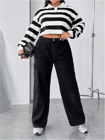 MakeMeChic Women's Plus Size Striped Colorblock Collared Crop Top Long Sleeve Drop Shoulder Sweatshirt in Saudi Arabia