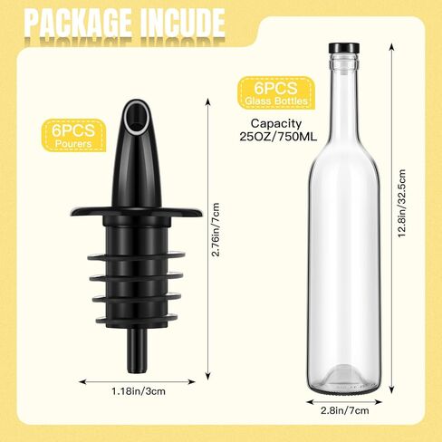 Baderke 6 Pack Glass Long Neck Bottles with Pourer and Caps Glass Liquor Bottle Syrup Bottle Clear Wine Bottles with Spout for Liquor Juice Home Party Bar Kitchen Accessories(Plastic) in Kuwait