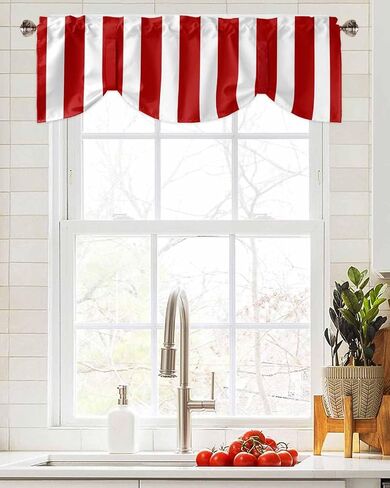 Pink Striped Tie Up Valance Curtains for Windows, Farmhouse Kitchen Curtains Window Treatments, Modern Pink White Stripes Short Window Shades Valances for Bedroom Bathroom Cafe 42"x12" in Kuwait