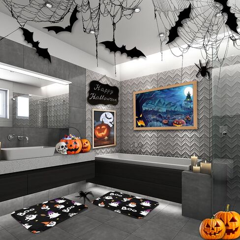 Arttown Happy Halloween Cute Bathroom Rug Mat Set of 2, Funny Ghost Fancy Pumpkin Washable Cover Floor Rug Carpets Floor Bath Mat Bathroom Decorations 16x24 and 20x32 Inches in Saudi Arabia