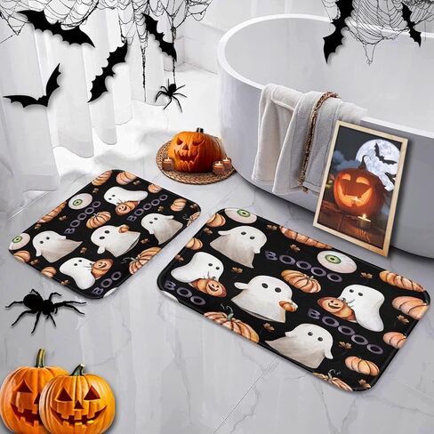 Arttown Happy Halloween Cute Bathroom Rug Mat Set of 2, Funny Ghost Fancy Pumpkin Washable Cover Floor Rug Carpets Floor Bath Mat Bathroom Decorations 16x24 and 20x32 Inches in Saudi Arabia