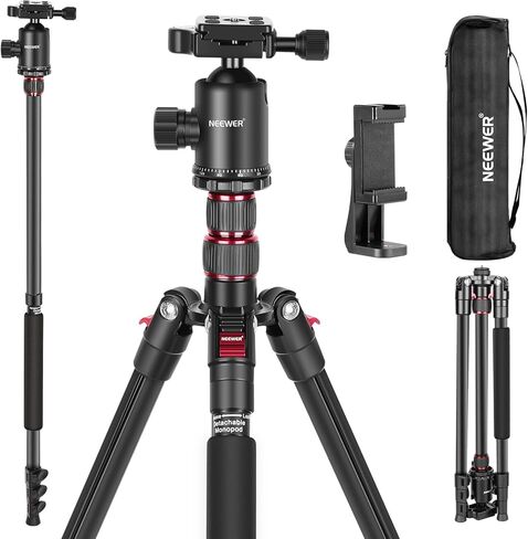 NEEWER 77" Camera Tripod Monopod with Phone Holder, Portable Travel Tripod with Remote, 360° Ball Head, 2 Axis Center Column, Arca QR Plate and Bag, Aluminum DSLR Tripod 34lb Max Load, TP77 in Saudi Arabia