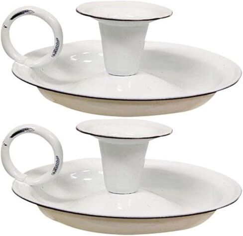 Enamel Taper Candle Holder Set of 2 | White 5 Inch | Vintage Farmhouse style in Kuwait