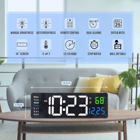 Plumeet Digital Wall Clock, 16’’ Large LED Wall Clock with Remote Control, Big Digits, Auto-Dimming, 2 Alarm, Silent Wall Clock Show Date Week Temp (Include Adapter), Blue in Kuwait