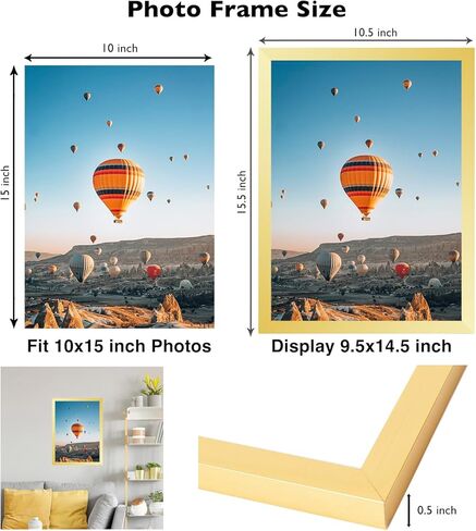 إطار صورة ذهبي مقاس 10 × 15 للتعليق على الحائط، تثبيت على الحائط أفقيًا أو رأسيًا، إطار صورة لملصق معرض الحائط مقاس 10 × 15 مع زجاج شبكي مقاوم للكسر، ذهبي in Kuwait