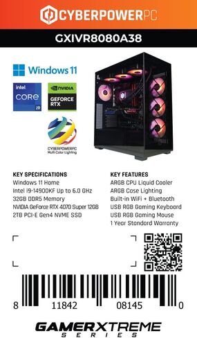كمبيوتر ألعاب CyberPowerPC Gamer Xtreme VR، Intel Core i9-14900KF 3.2 جيجا هرتز، GeForce RTX 4070 Super 12 جيجا، 16 جيجا DDR5، 1 تيرابايت PCIe Gen4 SSD، جاهز للواي فاي ونظام التشغيل Windows 11 Home (GXiVR8080A37) in Kuwait