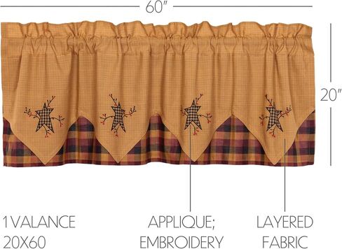 VHC Brands Heritage Farms, Primitive, Kitchen Window Curtain, Star and Pip Valance Layered, 20x60 in Saudi Arabia