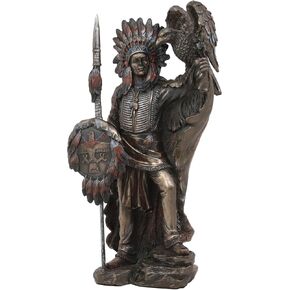 Ebros Native American Indian Tribal Chief Warrior with Roach Headdress Spear Shield and Bald Eagle Scout Bird Statue 8.5" Tall Indians Figurines and Statues Cultural Heritage Home Decor Eagles Totem