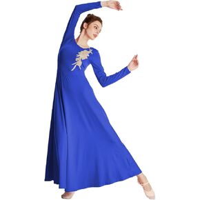 REXREII Womens Long Sleeve Worship Costume Praise Liturgical Dance Applique Dress Adult Lyrical Celebration Choir Gown