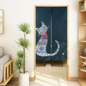 LIGICKY Noren Japanese Style Doorway Curtain Cat with Traditional Chinese Floral Printed Door Tapestry Boho Décor Room Divider Curtains, 33.5" Width x 59" Long Navy Blue
