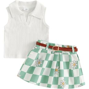 FIOMVA Toddler Baby Girl Golf Outfits,Lapel Golf Shirt+Golf Skirt Set Golf Clothes Hole in One Golf Birthday Clothing Summer