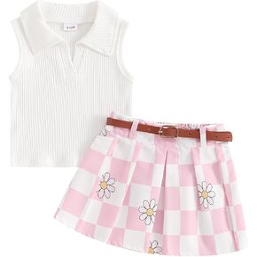 FIOMVA Toddler Baby Girl Golf Outfits,Lapel Golf Shirt+Golf Skirt Set Golf Clothes Hole in One Golf Birthday Clothing Summer