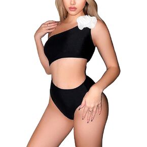 WDIRARA Women's Floral Applique Cut Out One Shoulder One Piece Swimsuit Monokini Bathing Suit