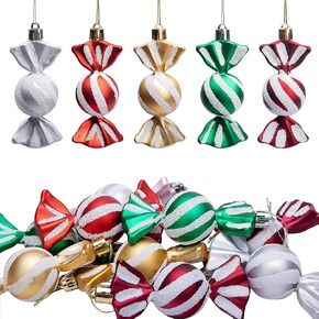 15 Pieces Christmas Glitter Hanging Candy Ornaments,Colorful Xmas Candy Cane Peppermint Tree Decorations,Shatterproof X'Mas Candies with Ropes for Christmas Tree Home Party Holiday Supplies