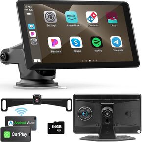 Portable Apple Carplay Screen for Car, 7'' IPS Touch Screen with 4K Dash Cam, Wireless Android Auto Screen, 1080P Backup Camera, Voice Control, Mirror Link, Bluetooth, GPS Navigation VEKOOTO A3016