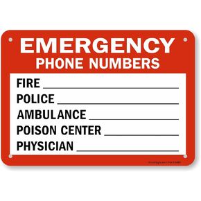 SmartSign 7 x 10 inch “Emergency Phone Numbers - Fire, Ambulance, Police, Poison Center, Physician" Write-On Sign, Digital Printing, 55 mil HDPE Plastic, Red, Black and White